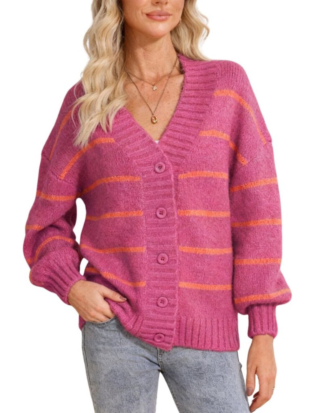 Womens Striped Cardigan Sweaters Oversized V Neck Open Front Button Down Knit